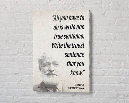Ernest Hemingway Quote Wall Art | "One True Sentence" Quote Poster, Quote Print, Quote Art, Book Quotes, Canvas Wall Art, Book Lover Gift