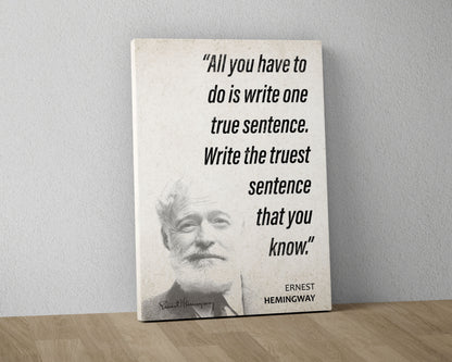 Ernest Hemingway Quote Wall Art | "One True Sentence" Quote Poster, Quote Print, Quote Art, Book Quotes, Canvas Wall Art, Book Lover Gift