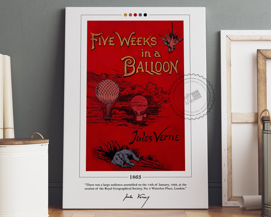 Five Weeks in a Balloon Book Cover Poster | Jules Verne, Five Weeks in a Balloon Poster, Book Posters, Canvas Wall Art, Book Lover Gift