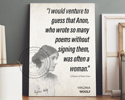 Virginia Woolf Quote Wall Art | "Anon" A Room of One's Own Quote Poster, Quote Print, Quote Art, Book Quotes, Book Lover Gift
