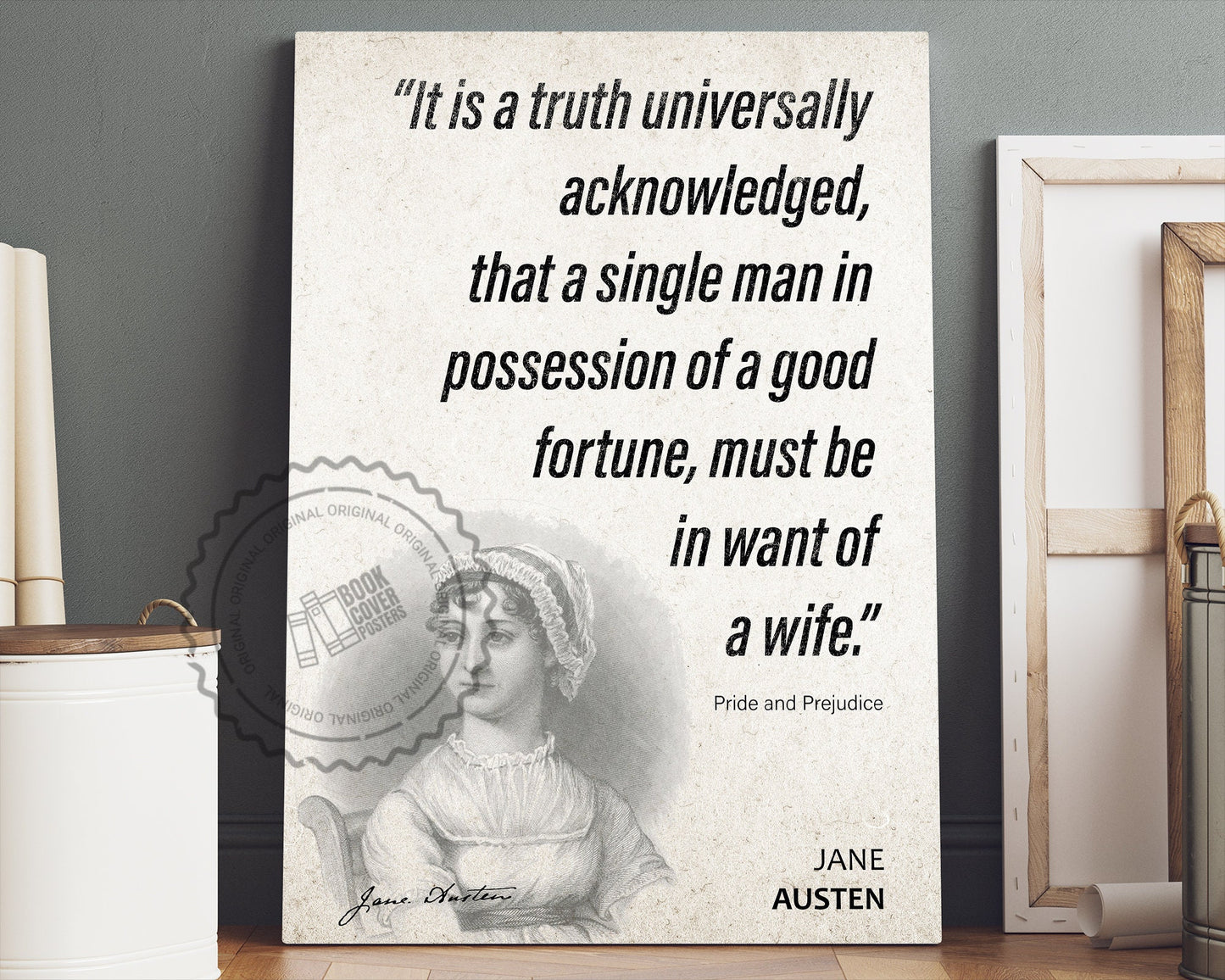 Jane Austen Quote Wall Art | "Want of a Wife" Pride and Prejudice Quote Poster, Quote Print, Quote Art, Book Quotes, Book Lover Gift